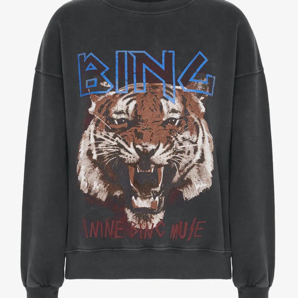Anine Bing Dark Grey Tiger Graphic Sweatshirt Sz Medium